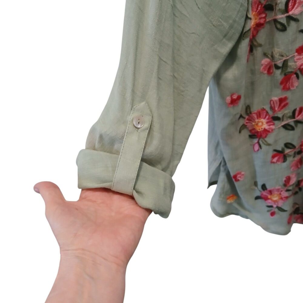 Figueroa & Flower Tunic Blouse Shirt Large Green Floral Embroidered Button Boho - Picture 5 of 14